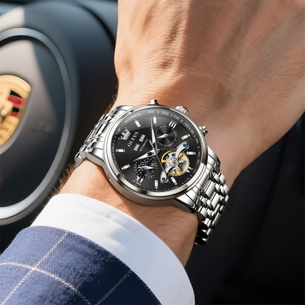 OLEVS 6740 Skeleton Flywheel Mechanical Watch for Men - Two Tone White Watch | Olevs Watch Store