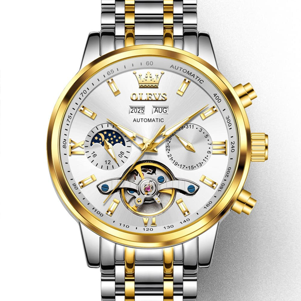 OLEVS 6740 Skeleton Flywheel Mechanical Watch for Men - Two Tone White Watch | Olevs Watch Store