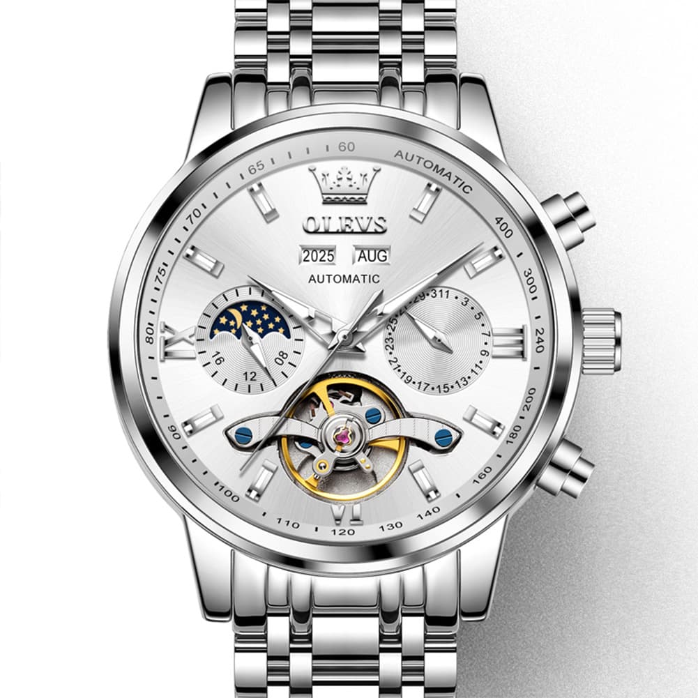 OLEVS 6740 Skeleton Flywheel Mechanical Watch for Men - Two Tone White Watch | Olevs Watch Store