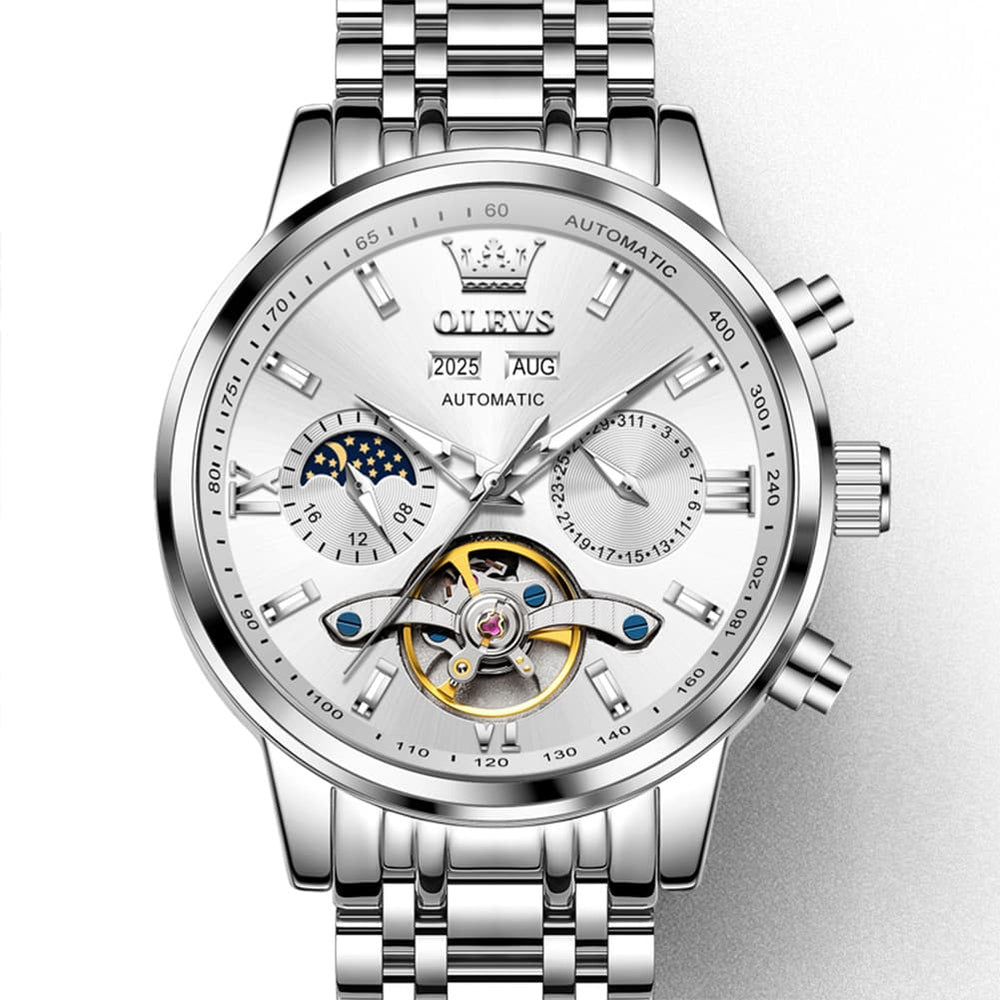 OLEVS 6740 Skeleton Flywheel Mechanical Watch for Men - Two Tone White Watch | Olevs Watch Store