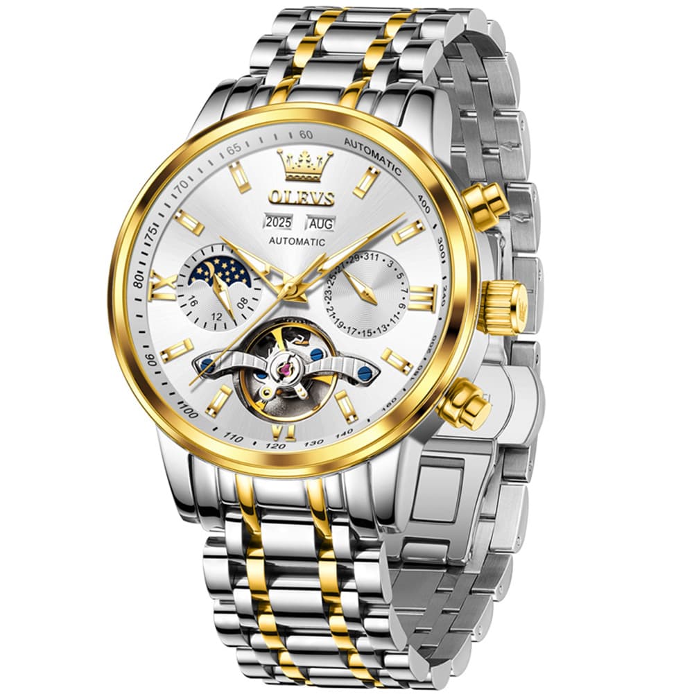 OLEVS 6740 Skeleton Flywheel Mechanical Watch for Men - Two Tone White Watch | Olevs Watch Store