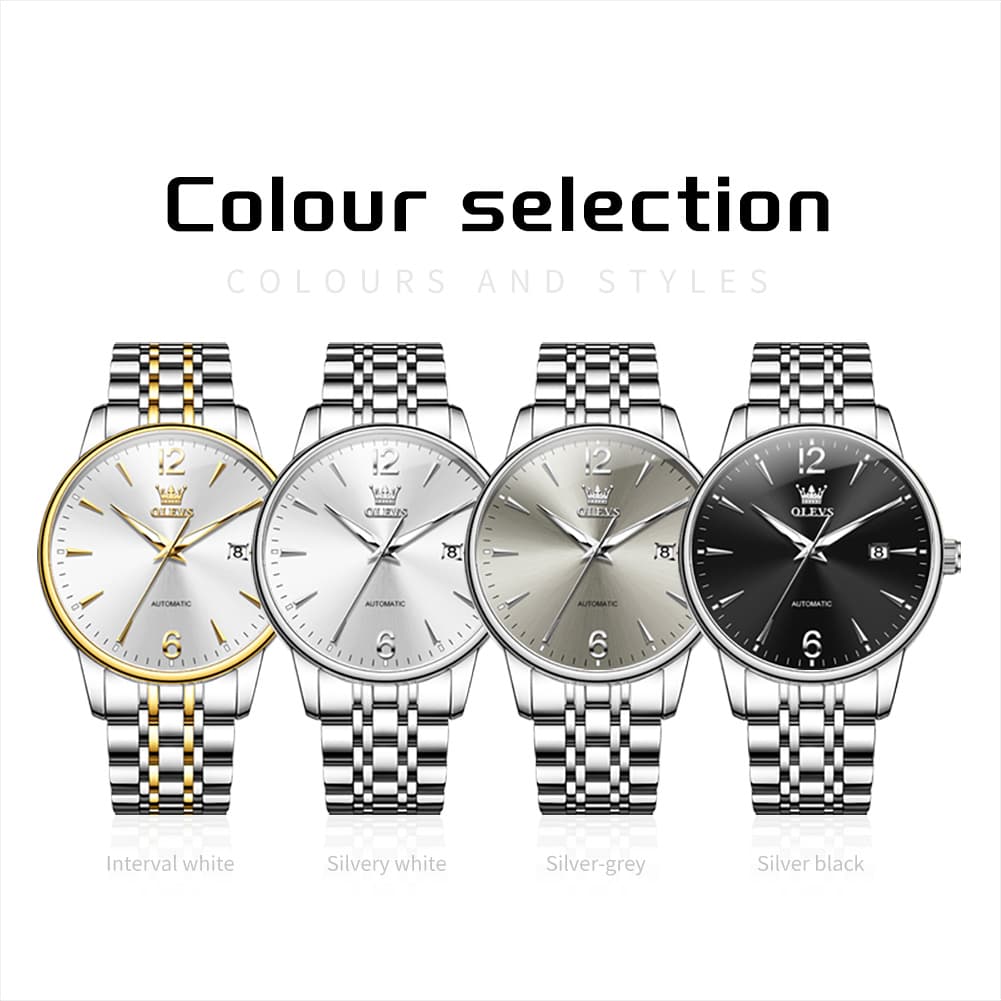 OLEVS 6741 Classic Minimalist Mechanical Watch for Men - Silver Black Watch | Olevs Watch Store