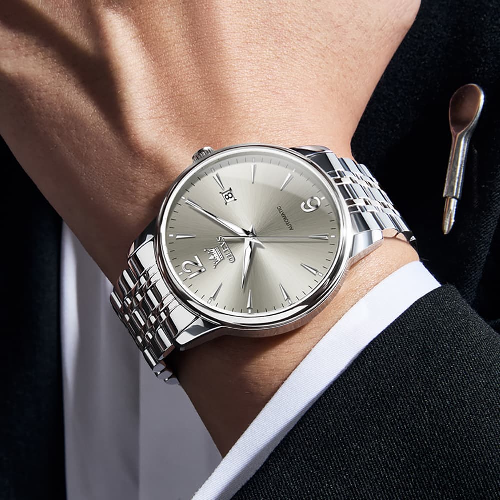 OLEVS 6741 Classic Minimalist Mechanical Watch for Men - Silver Black Watch | Olevs Watch Store