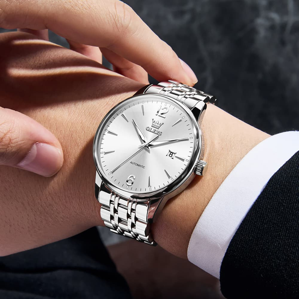 OLEVS 6741 Classic Minimalist Mechanical Watch for Men - Silver Black Watch | Olevs Watch Store