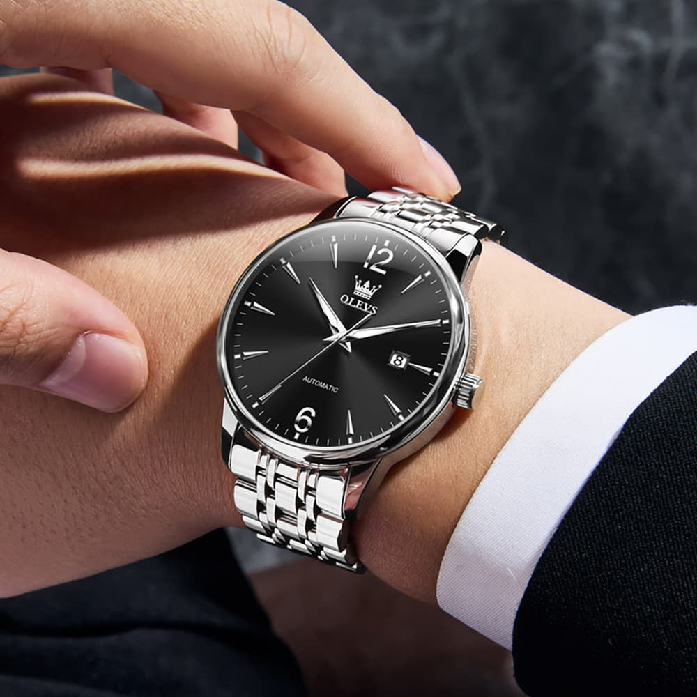 OLEVS 6741 Classic Minimalist Mechanical Watch for Men - Silver Black Watch | Olevs Watch Store