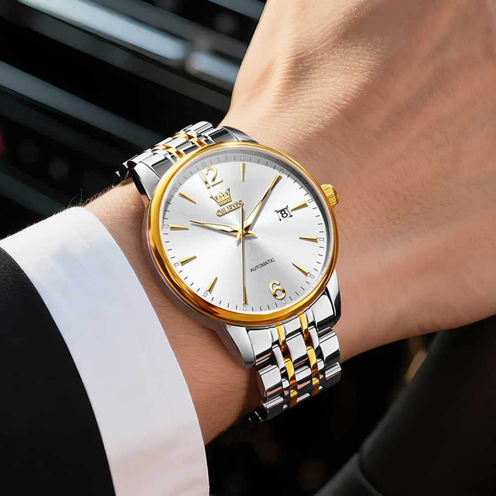 OLEVS 6741 Classic Minimalist Mechanical Watch for Men - Silver Black Watch | Olevs Watch Store