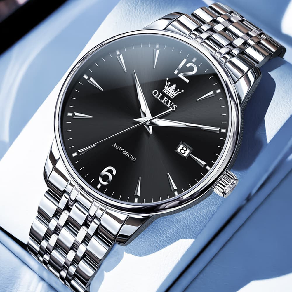 OLEVS 6741 Classic Minimalist Mechanical Watch for Men - Silver Black Watch | Olevs Watch Store