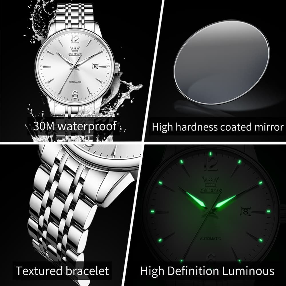 OLEVS 6741 Classic Minimalist Mechanical Watch for Men - Silver Black Watch | Olevs Watch Store