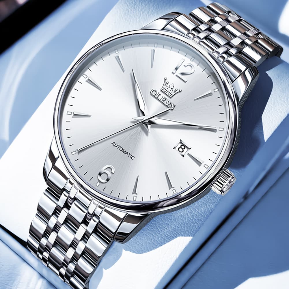 OLEVS 6741 Classic Minimalist Mechanical Watch for Men - Silver Black Watch | Olevs Watch Store