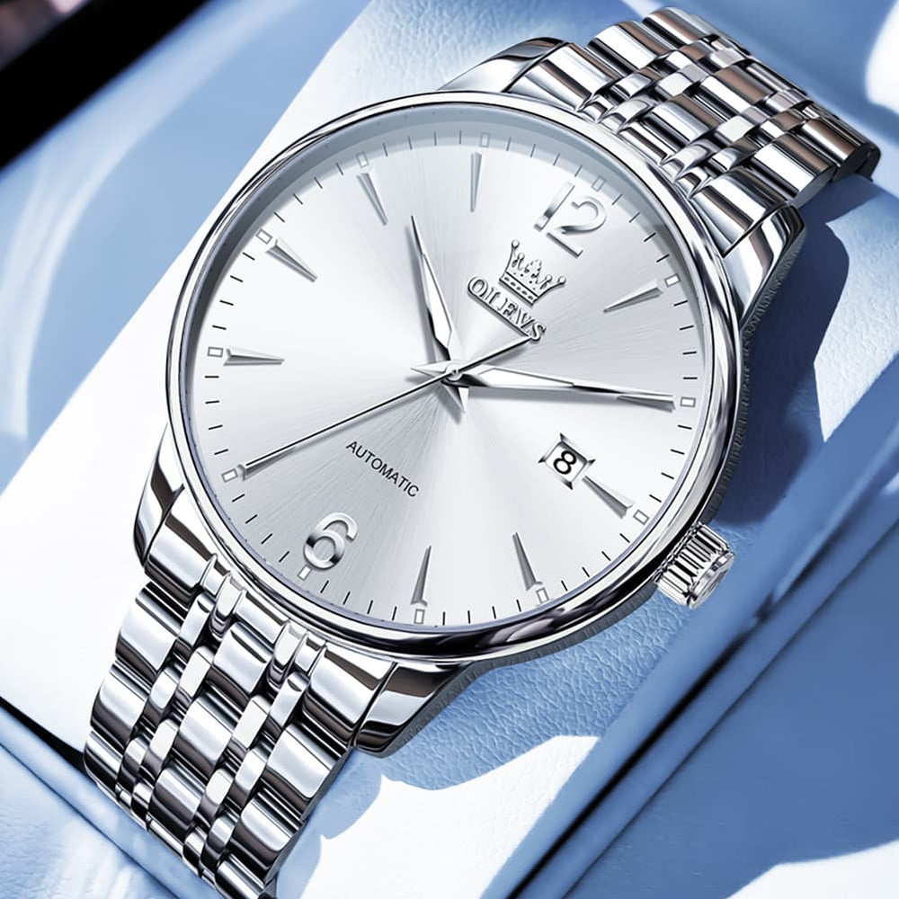 OLEVS 6741 Classic Minimalist Mechanical Watch for Men - Silver Black Watch | Olevs Watch Store