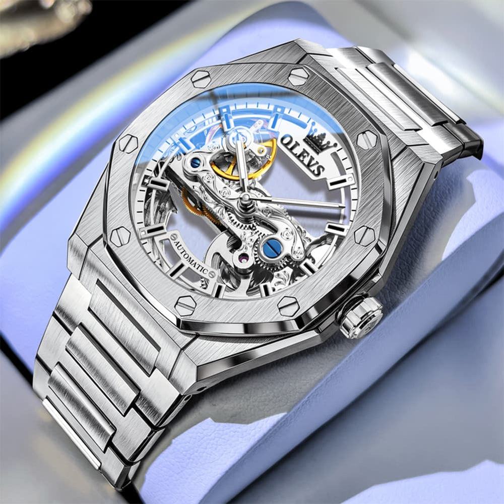 OLEVS 6742 Octagonal Skeleton Mechanical Watch for Men - All Black Watch | Olevs Watch Store