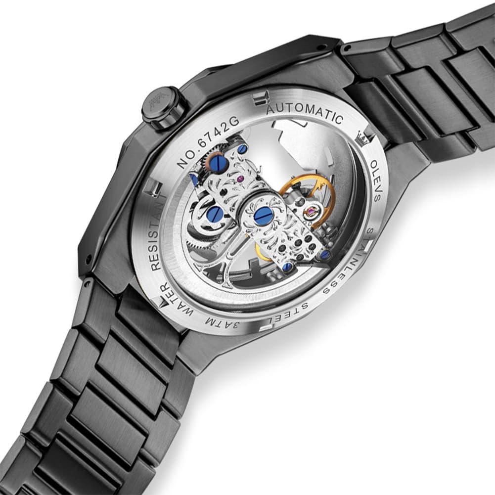 OLEVS 6742 Octagonal Skeleton Mechanical Watch for Men - All Black Watch | Olevs Watch Store