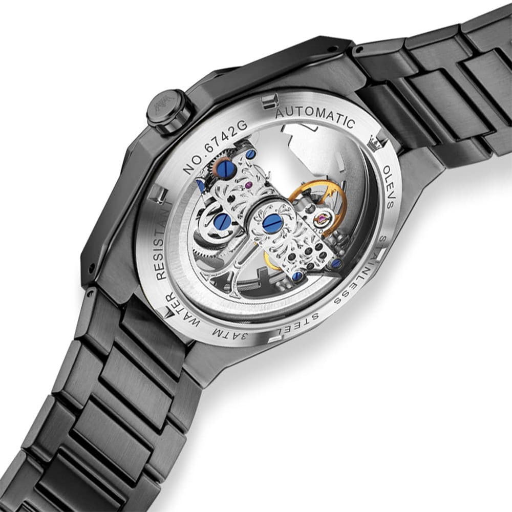 OLEVS 6742 Octagonal Skeleton Mechanical Watch for Men - All Black Watch | Olevs Watch Store