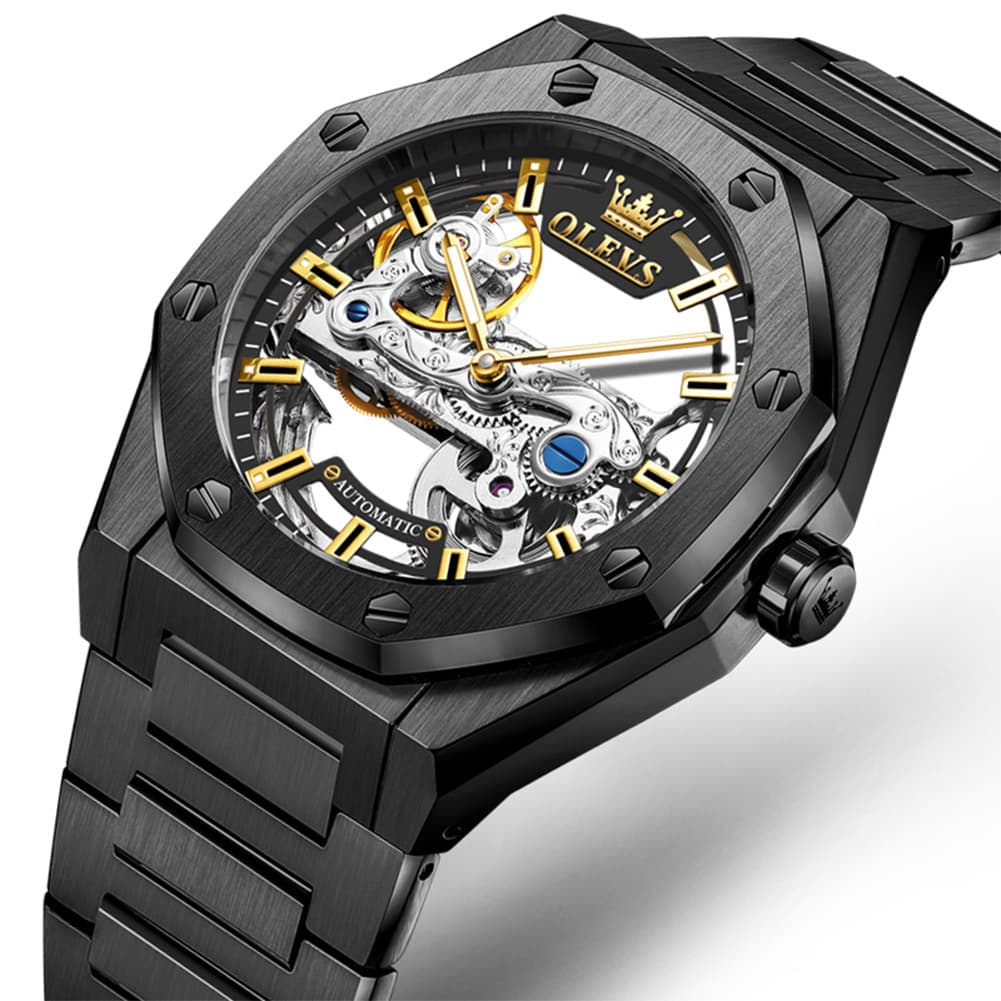OLEVS 6742 Octagonal Skeleton Mechanical Watch for Men - All Black Watch | Olevs Watch Store