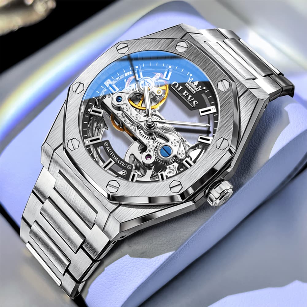 OLEVS 6742 Octagonal Skeleton Mechanical Watch for Men - All Black Watch | Olevs Watch Store