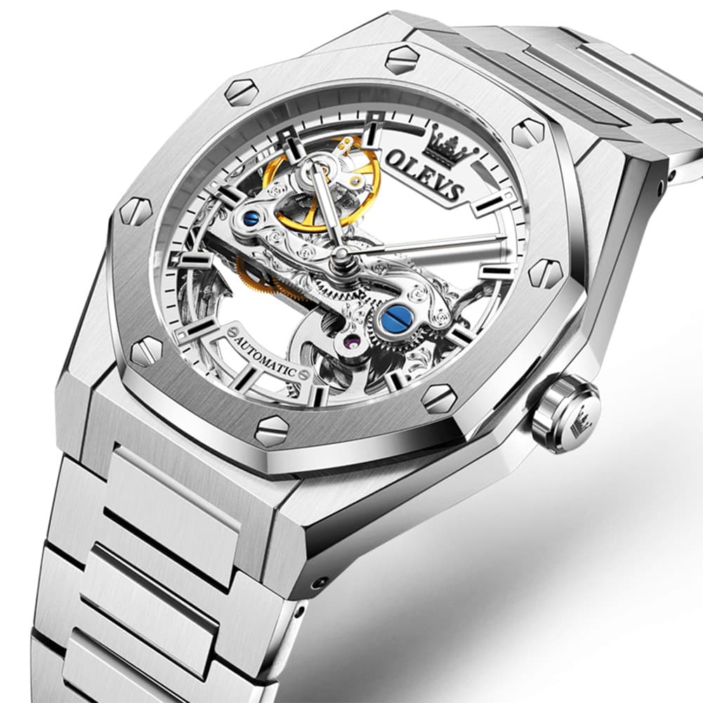 OLEVS 6742 Octagonal Skeleton Mechanical Watch for Men - All Black Watch | Olevs Watch Store