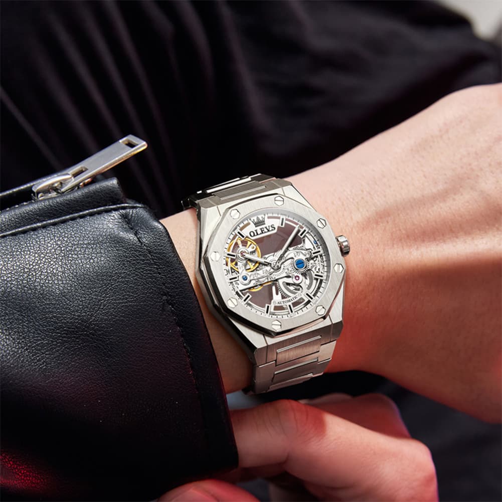 OLEVS 6742 Octagonal Skeleton Mechanical Watch for Men - All Black Watch | Olevs Watch Store
