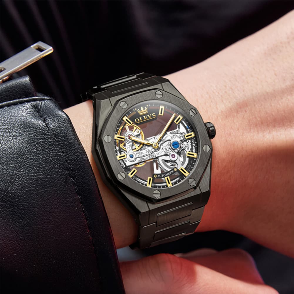 OLEVS 6742 Octagonal Skeleton Mechanical Watch for Men - All Black Watch | Olevs Watch Store