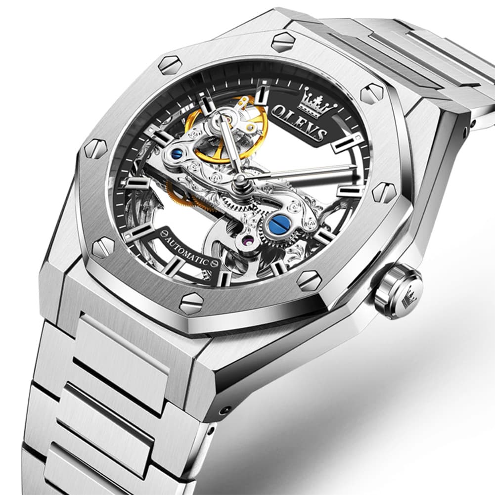 OLEVS 6742 Octagonal Skeleton Mechanical Watch for Men - All Black Watch | Olevs Watch Store