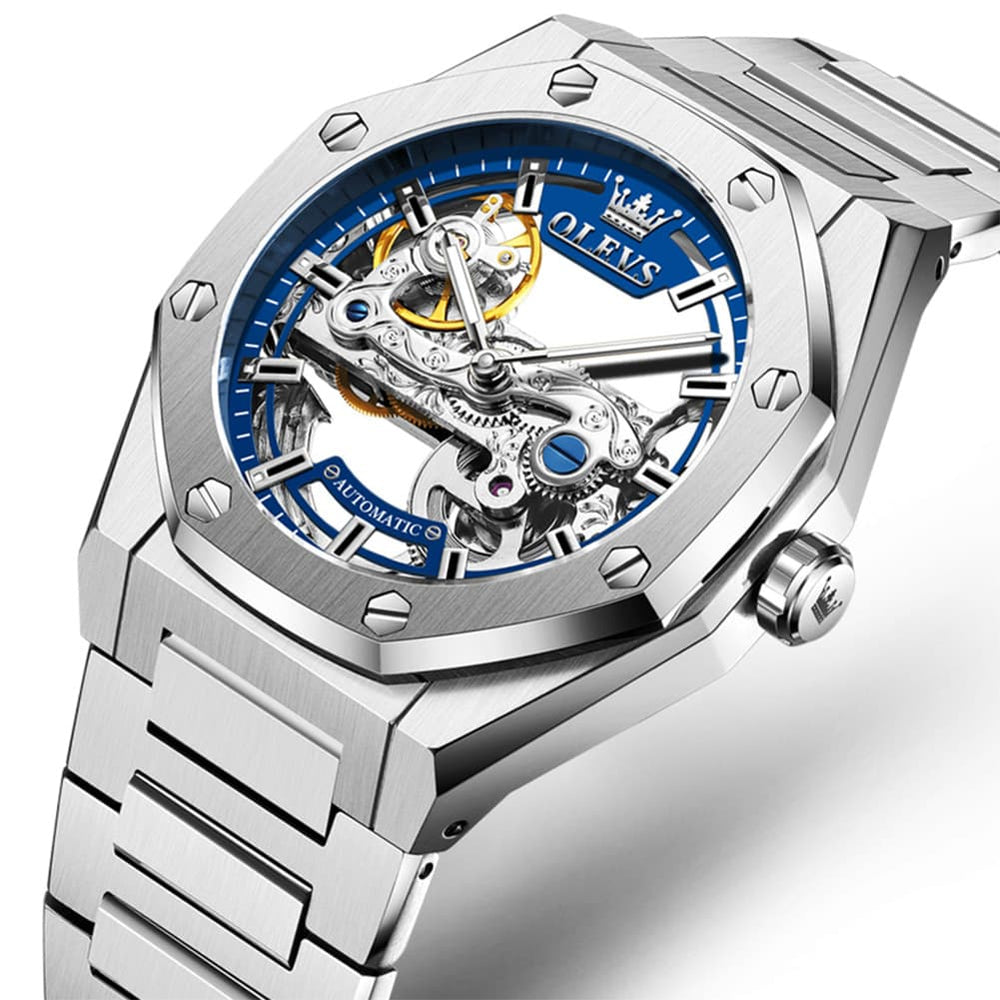 OLEVS 6742 Octagonal Skeleton Mechanical Watch for Men - All Black Watch | Olevs Watch Store