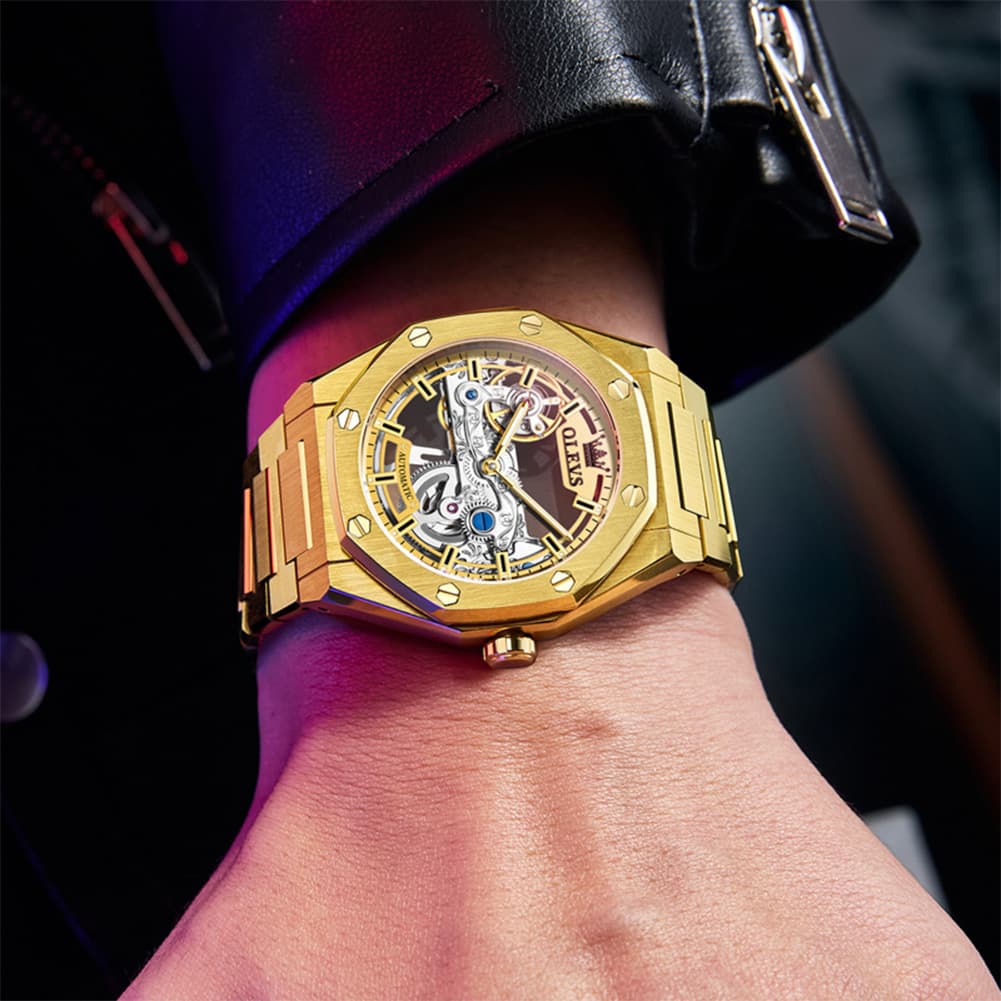 OLEVS 6742 Octagonal Skeleton Mechanical Watch for Men - All Black Watch | Olevs Watch Store