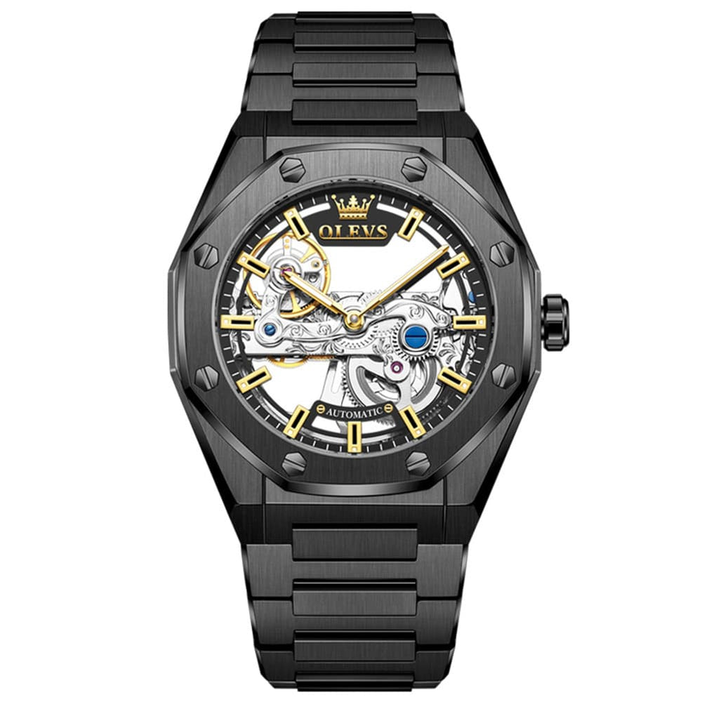 OLEVS 6742 Octagonal Skeleton Mechanical Watch for Men - All Black Watch | Olevs Watch Store