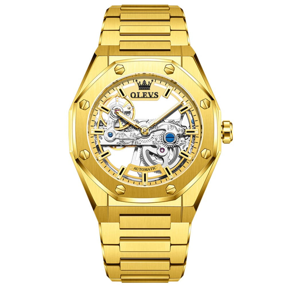 OLEVS 6742 Octagonal Skeleton Mechanical Watch for Men - Gold White Watch | Olevs Watch Store