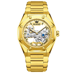 OLEVS 6742 Octagonal Skeleton Mechanical Watch for Men - Gold White Watch | Olevs Watch Store