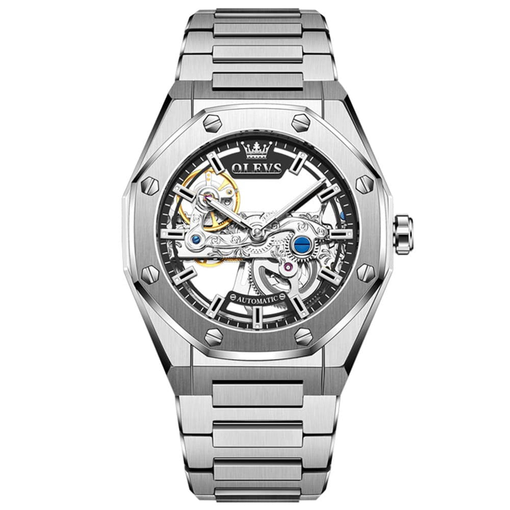 OLEVS 6742 Octagonal Skeleton Mechanical Watch for Men - Silver Black Watch | Olevs Watch Store
