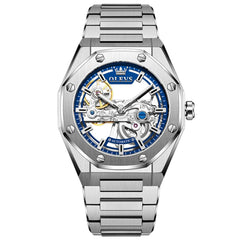 OLEVS 6742 Octagonal Skeleton Mechanical Watch for Men - Silver Blue Watch | Olevs Watch Store