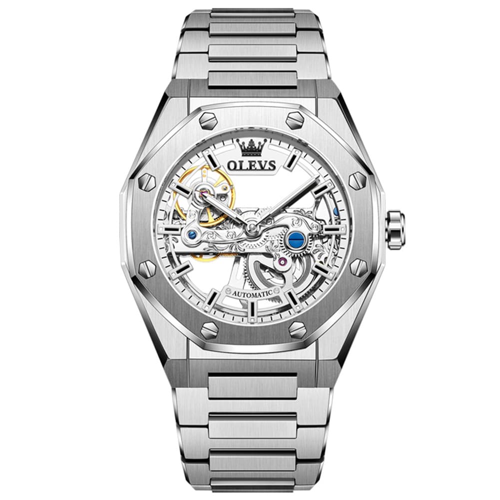 OLEVS 6742 Octagonal Skeleton Mechanical Watch for Men - Silver White Watch | Olevs Watch Store