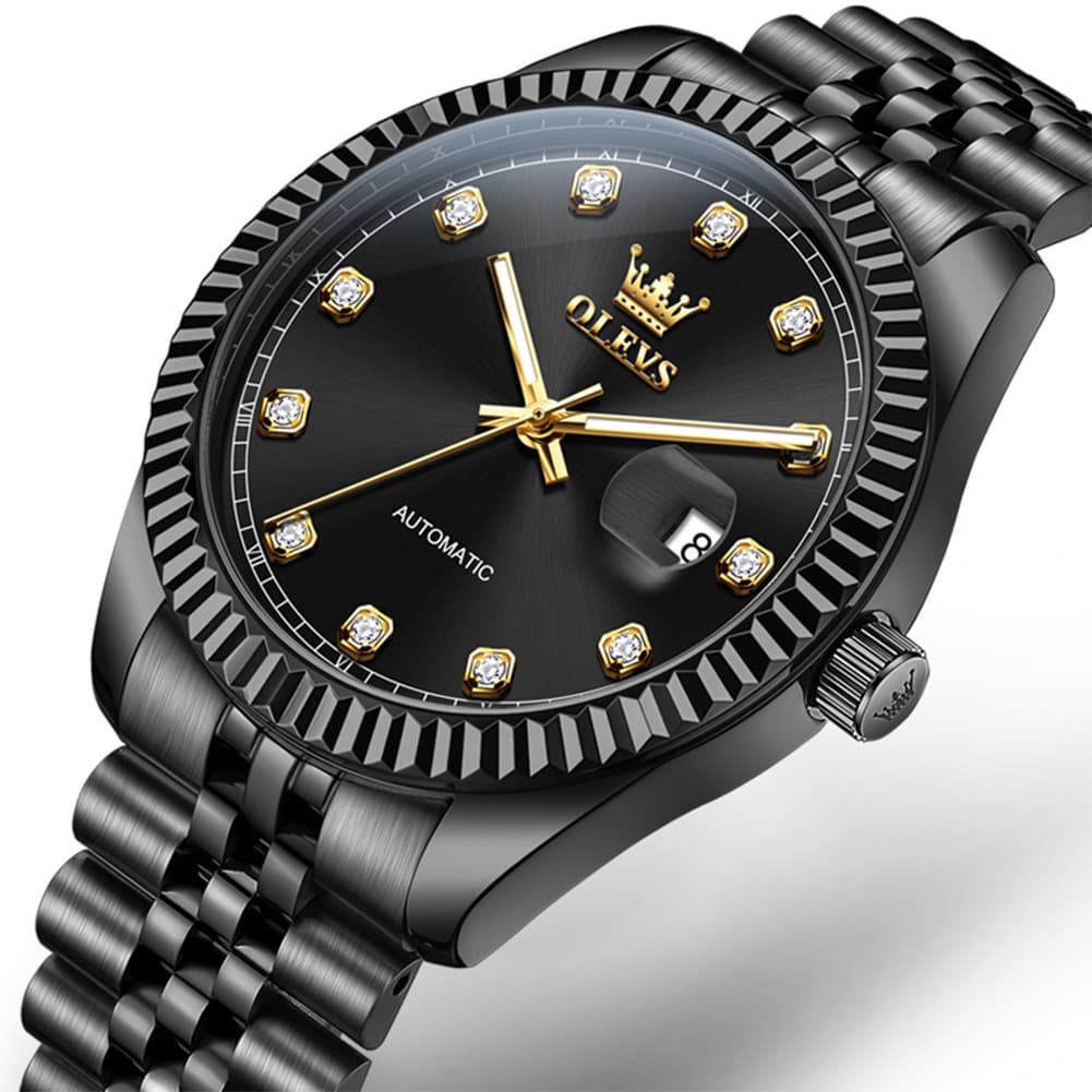 OLEVS 6743 Fluted Bezel Diamond Mechanical Watch for Men - All Black Watch | Olevs Watch Store