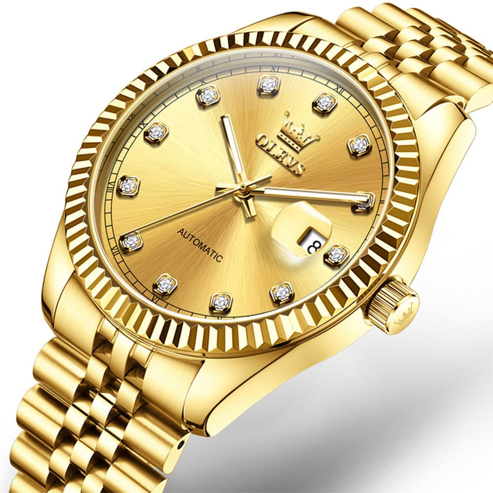 OLEVS 6743 Fluted Bezel Diamond Mechanical Watch for Men - All Gold Watch | Olevs Watch Store