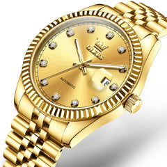 OLEVS 6743 Fluted Bezel Diamond Mechanical Watch for Men - All Gold Watch | Olevs Watch Store
