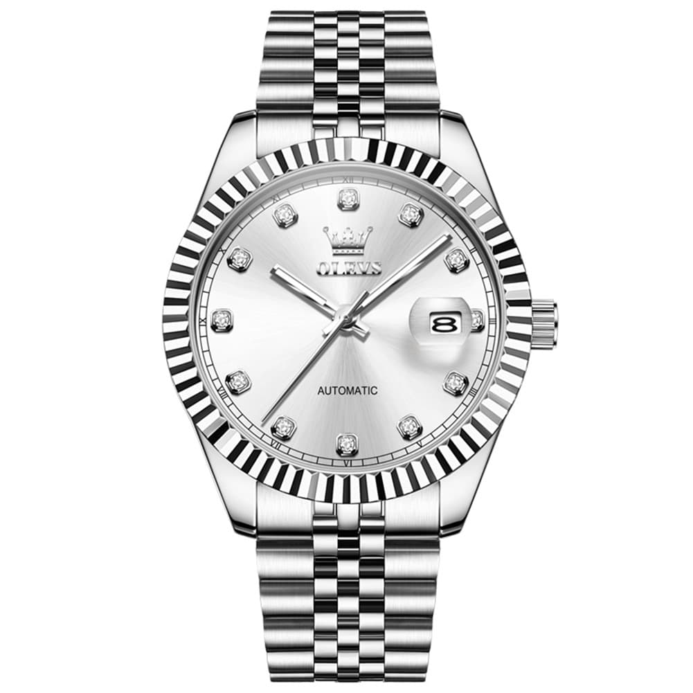 OLEVS 6743 Fluted Bezel Diamond Mechanical Watch for Men - Silver Black Watch | Olevs Watch Store
