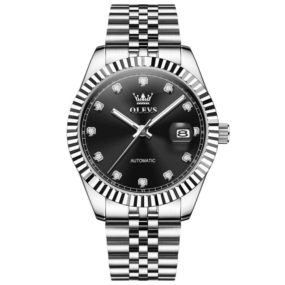 OLEVS 6743 Fluted Bezel Diamond Mechanical Watch for Men - Silver Black Watch | Olevs Watch Store