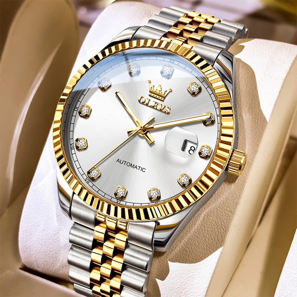 OLEVS 6743 Fluted Bezel Diamond Mechanical Watch for Men - Silver Black Watch | Olevs Watch Store