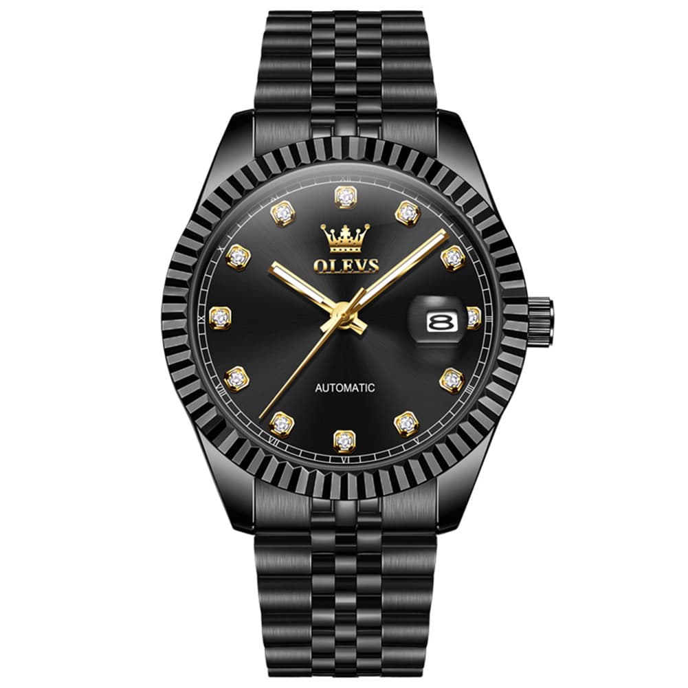 OLEVS 6743 Fluted Bezel Diamond Mechanical Watch for Men - Silver Black Watch | Olevs Watch Store