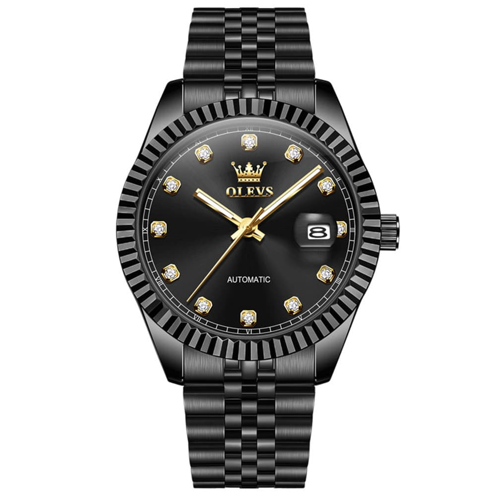 OLEVS 6743 Fluted Bezel Diamond Mechanical Watch for Men - Silver Black Watch | Olevs Watch Store