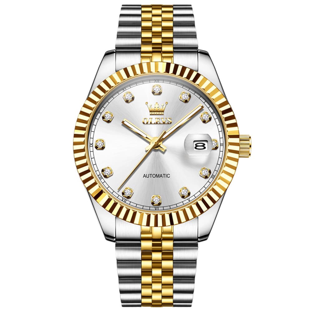 OLEVS 6743 Fluted Bezel Diamond Mechanical Watch for Men - Silver Black Watch | Olevs Watch Store
