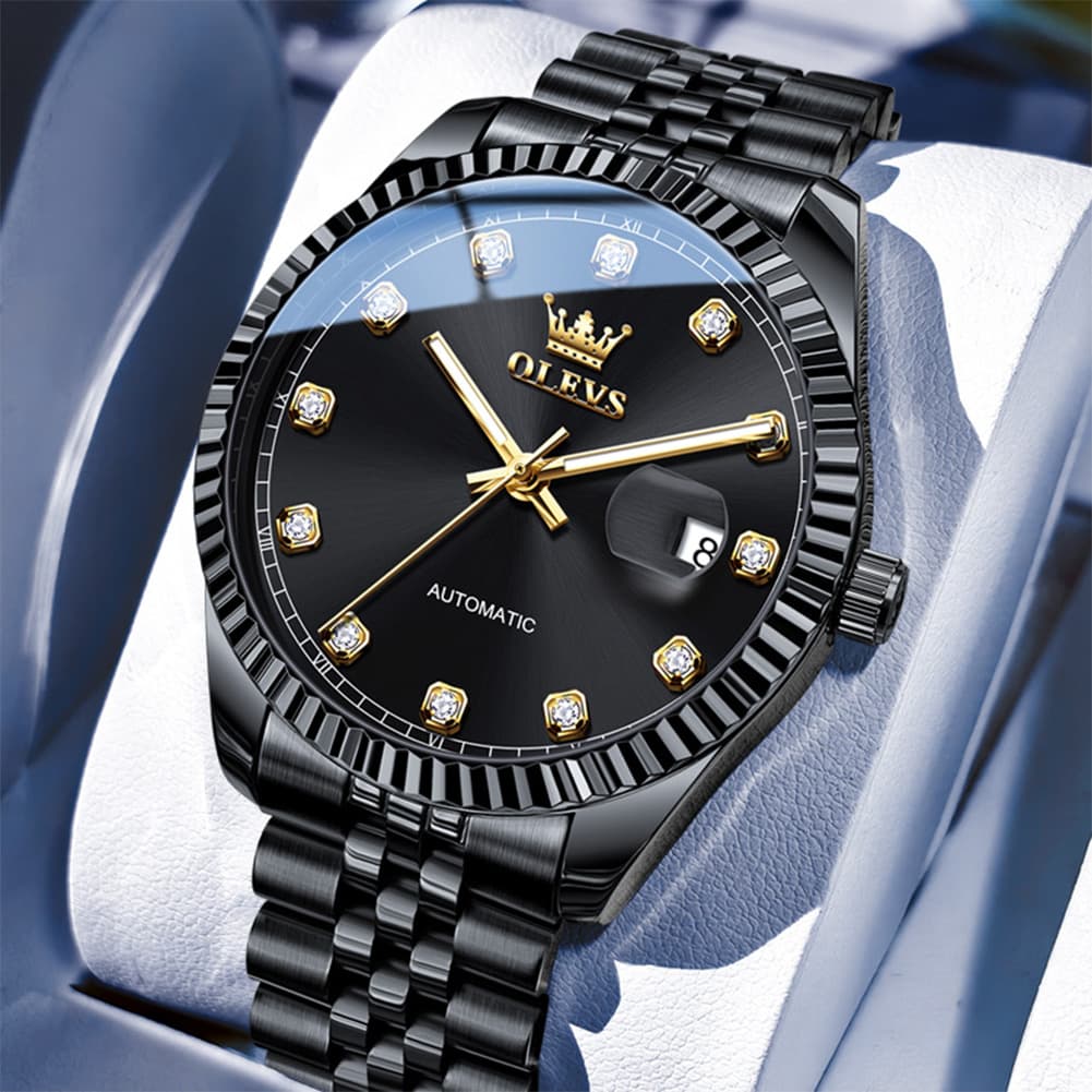 OLEVS 6743 Fluted Bezel Diamond Mechanical Watch for Men - Silver Black Watch | Olevs Watch Store