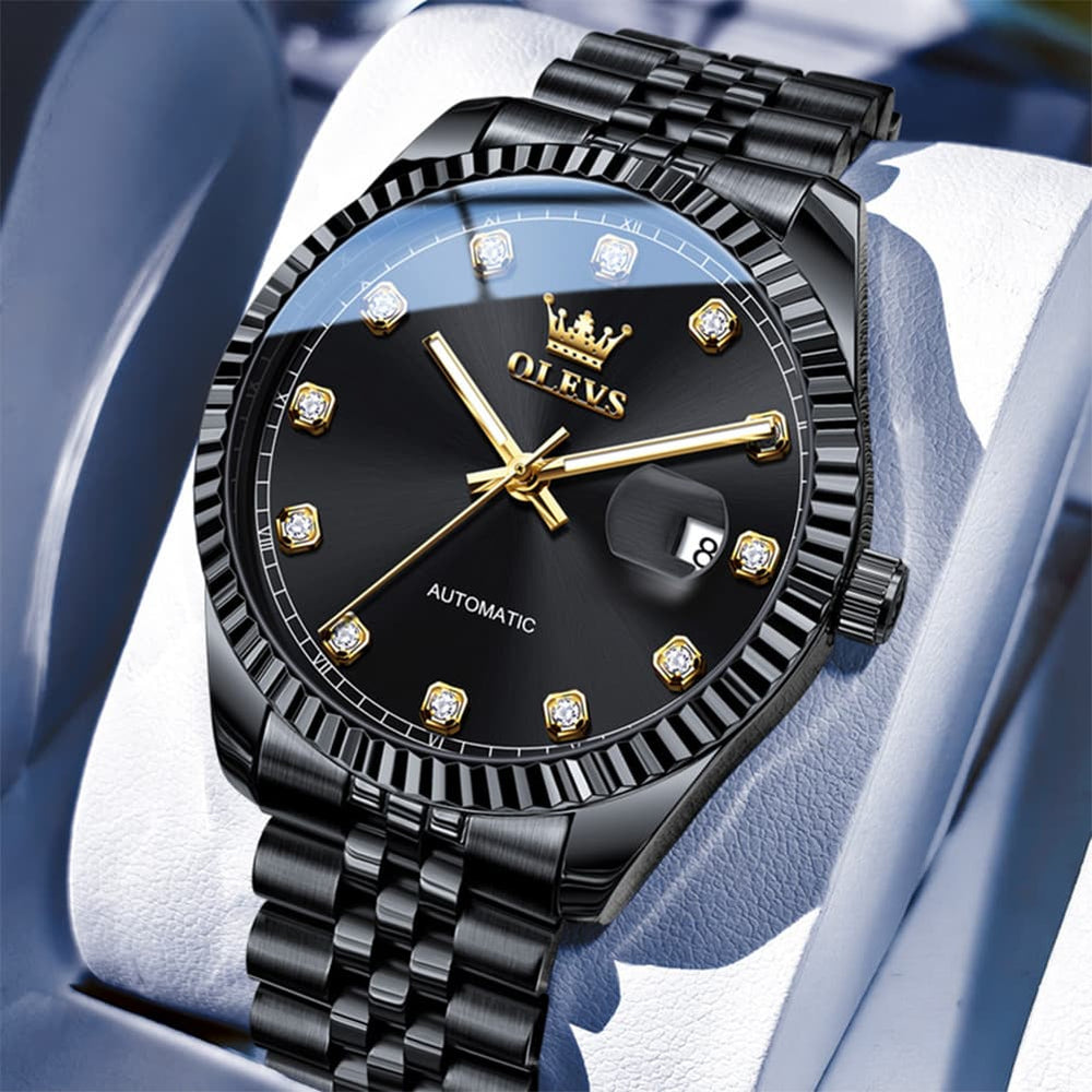 OLEVS 6743 Fluted Bezel Diamond Mechanical Watch for Men - Silver Black Watch | Olevs Watch Store