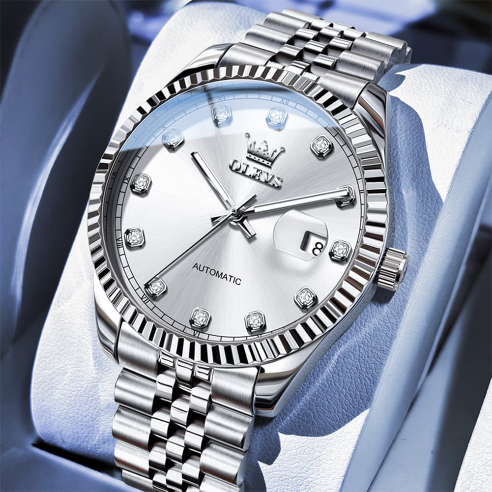 OLEVS 6743 Fluted Bezel Diamond Mechanical Watch for Men - Silver Black Watch | Olevs Watch Store
