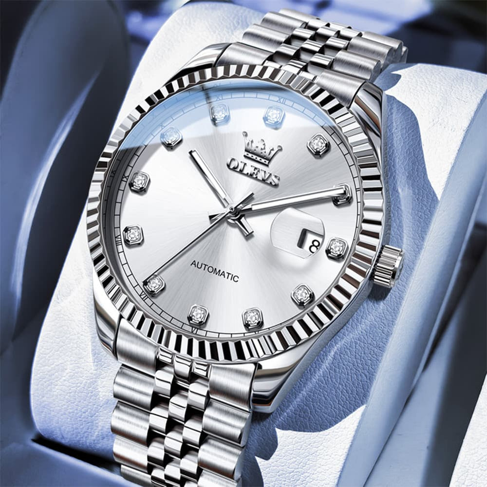 OLEVS 6743 Fluted Bezel Diamond Mechanical Watch for Men - Silver Black Watch | Olevs Watch Store