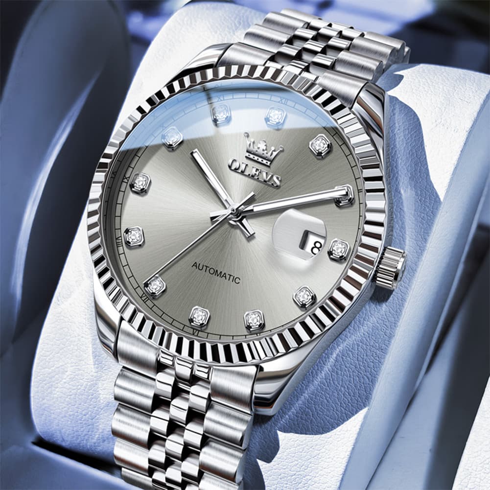 OLEVS 6743 Fluted Bezel Diamond Mechanical Watch for Men - Silver Black Watch | Olevs Watch Store