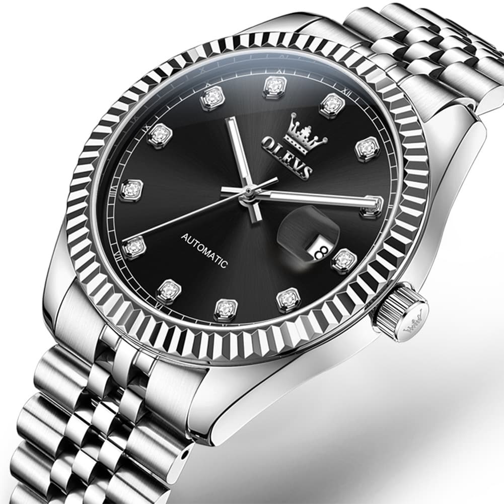 OLEVS 6743 Fluted Bezel Diamond Mechanical Watch for Men - Silver Black Watch | Olevs Watch Store