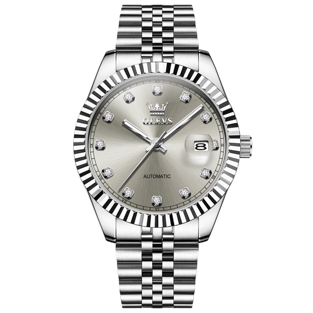 OLEVS 6743 Fluted Bezel Diamond Mechanical Watch for Men - Silver Black Watch | Olevs Watch Store