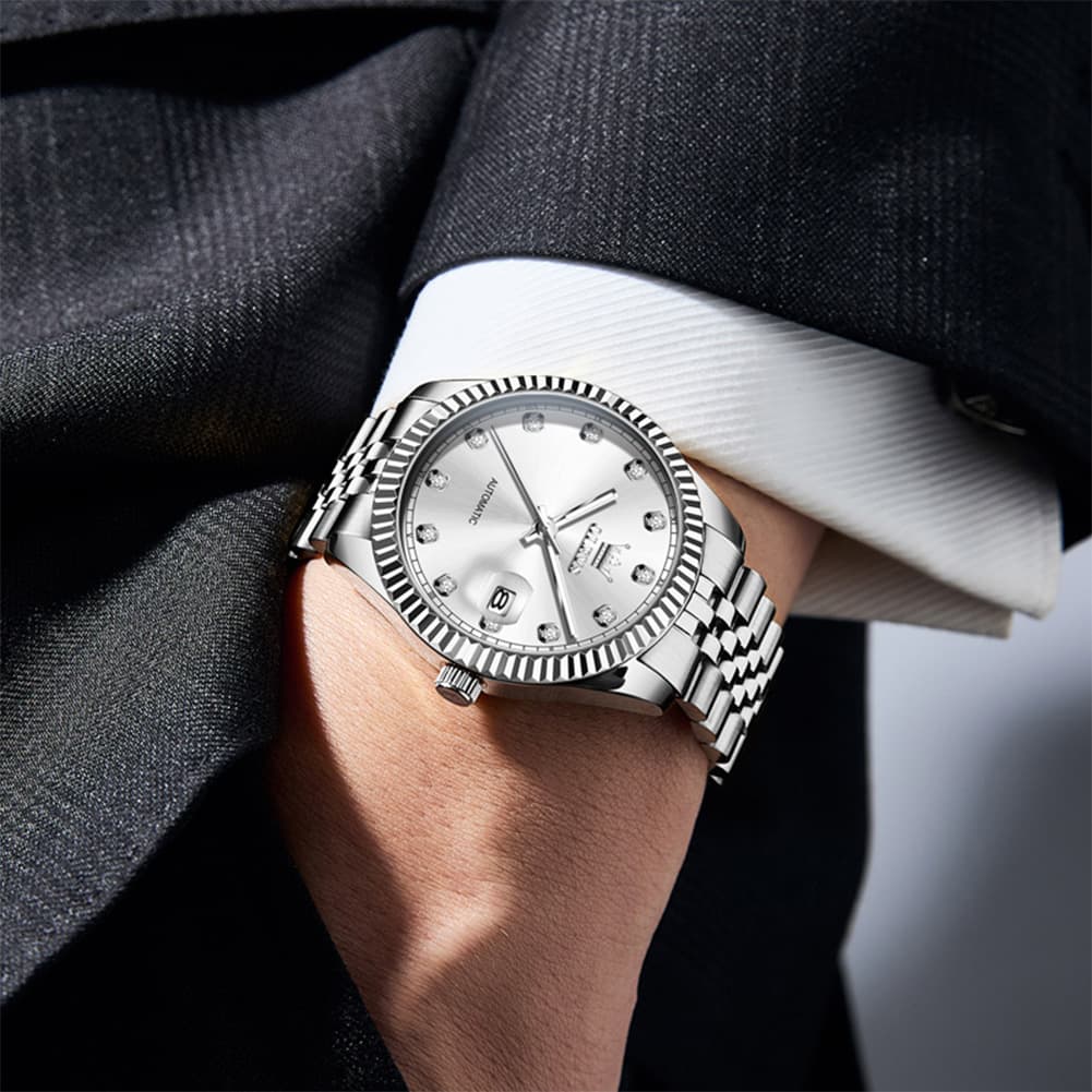 OLEVS 6743 Fluted Bezel Diamond Mechanical Watch for Men - Silver Black Watch | Olevs Watch Store