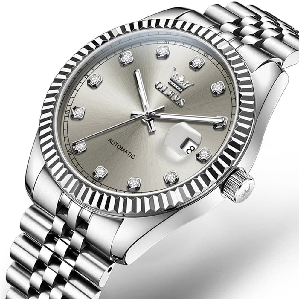 OLEVS 6743 Fluted Bezel Diamond Mechanical Watch for Men - Silver Grey Watch | Olevs Watch Store