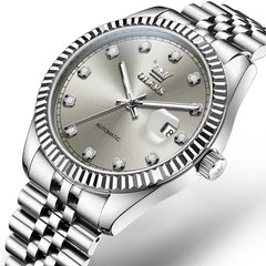 OLEVS 6743 Fluted Bezel Diamond Mechanical Watch for Men - Silver Grey Watch | Olevs Watch Store